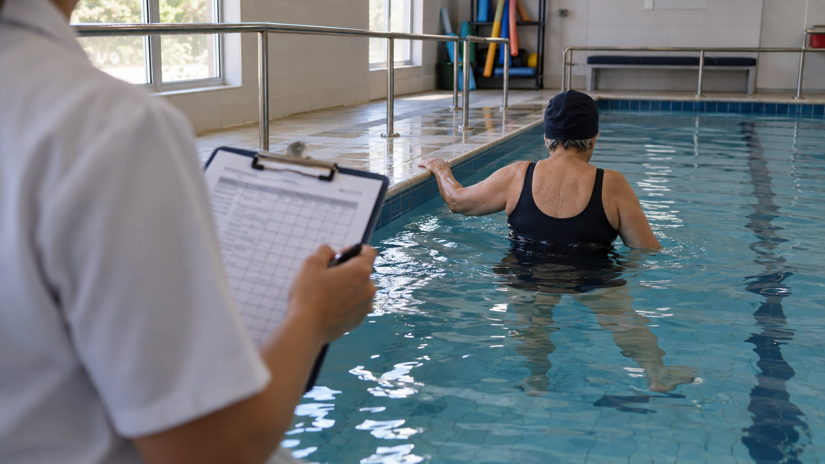 Fisioterapeuta na borda da piscina olhando a prancheta, com a paciente na água ao fundo